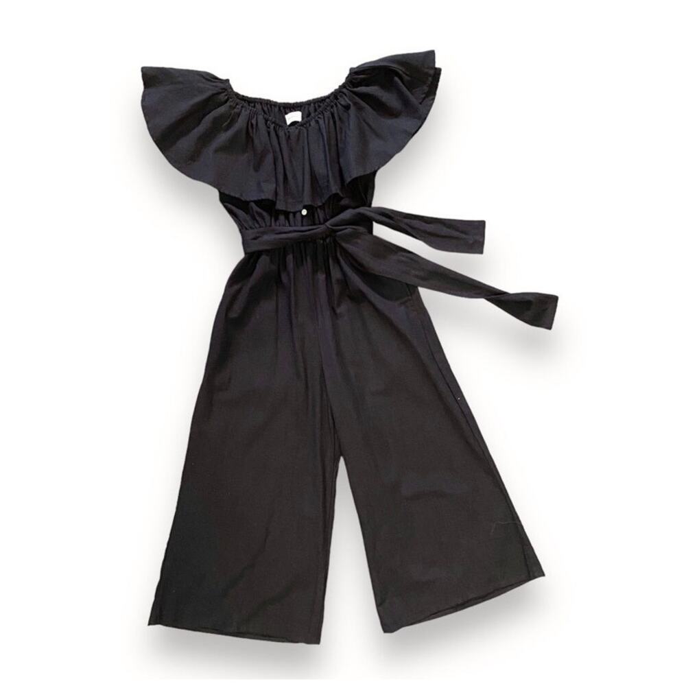 Faithfull The Brand Wide Leg Jumpsuit Sz US 4 Black Linen Ankle On Off Shoulder